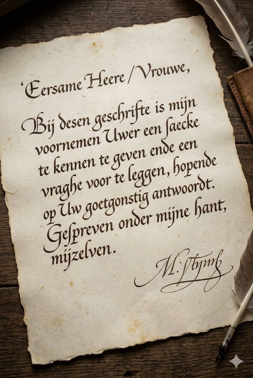 Handgeschreven brief in zeventiende-eeuws Nederlands op geschept papier, met een ganzenveer ernaast