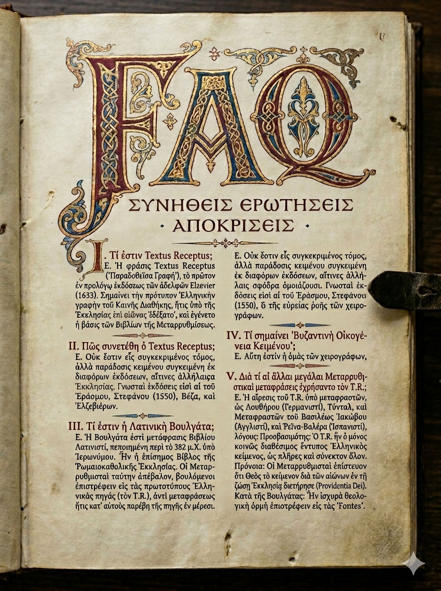 Verluchte handschriftpagina met de sierletters FAQ, gevolgd door vragen en antwoorden in het Grieks
