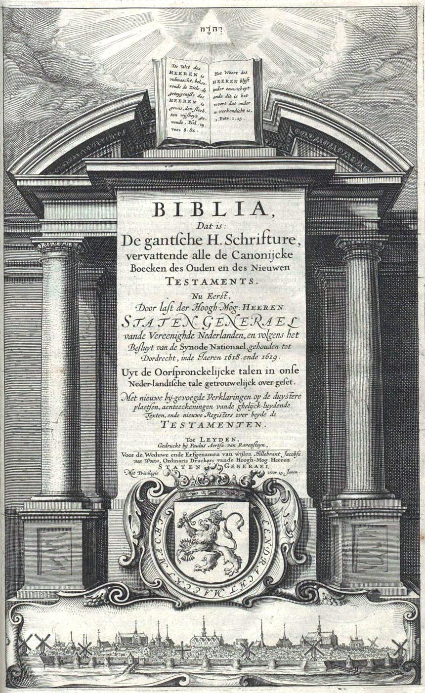 Gegraveerde titelpagina van de Statenvertaling uit 1637, met zuilen, een opengeslagen Bijbel in stralen licht en de Nederlandse leeuw